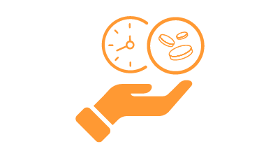 Icono naranja de una mano que sujeta un reloj y tres monedas
