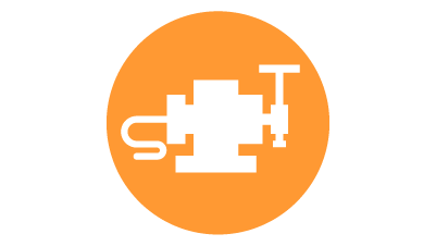 Ícone branco de um preset de ferramentas para medição de automação industrial em processo dentro do círculo laranja
