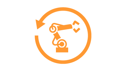 Ícone de robô industrial laranja dentro de uma seta circular