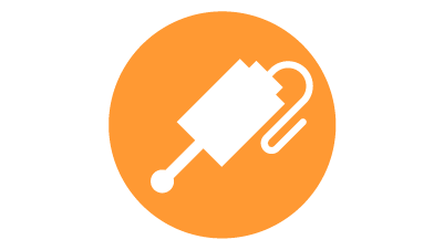 Ícone branco de um apalpador com fio para medição de automação industrial em processo dentro do círculo laranja